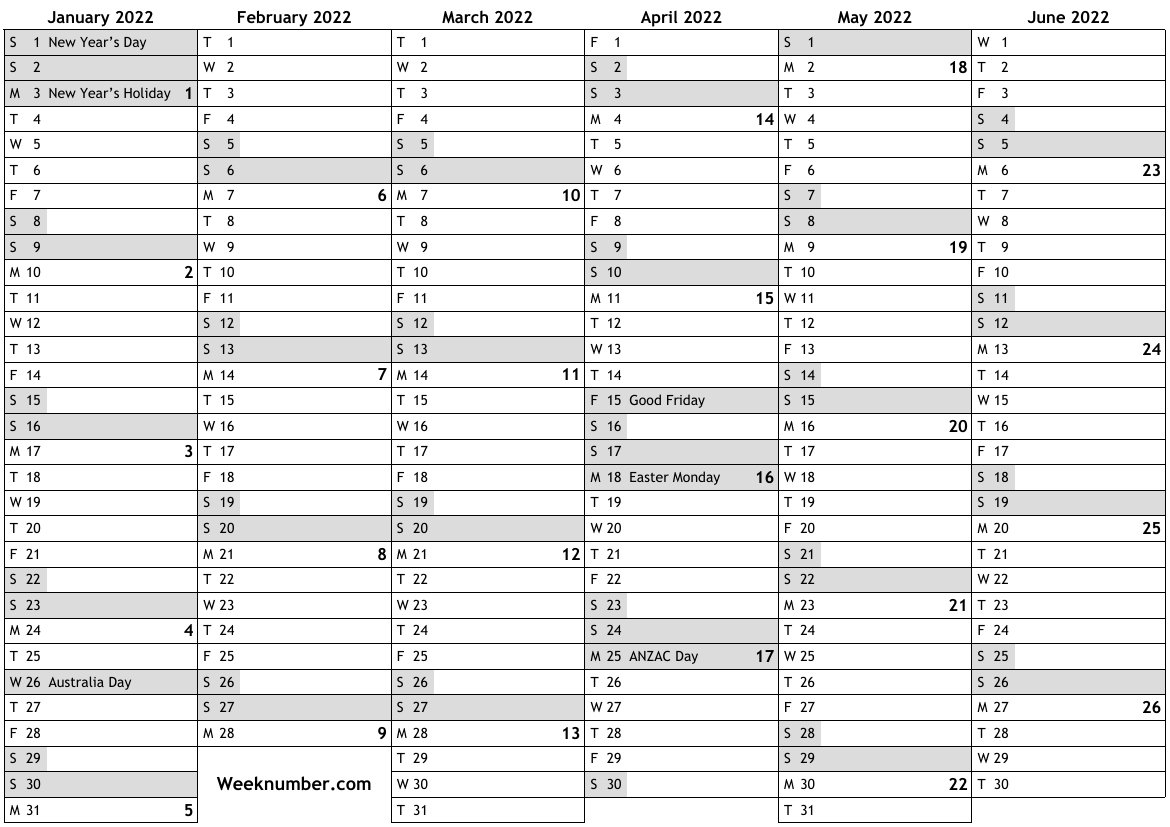 2022 Calendar With Week Numbers And Holidays For Australia