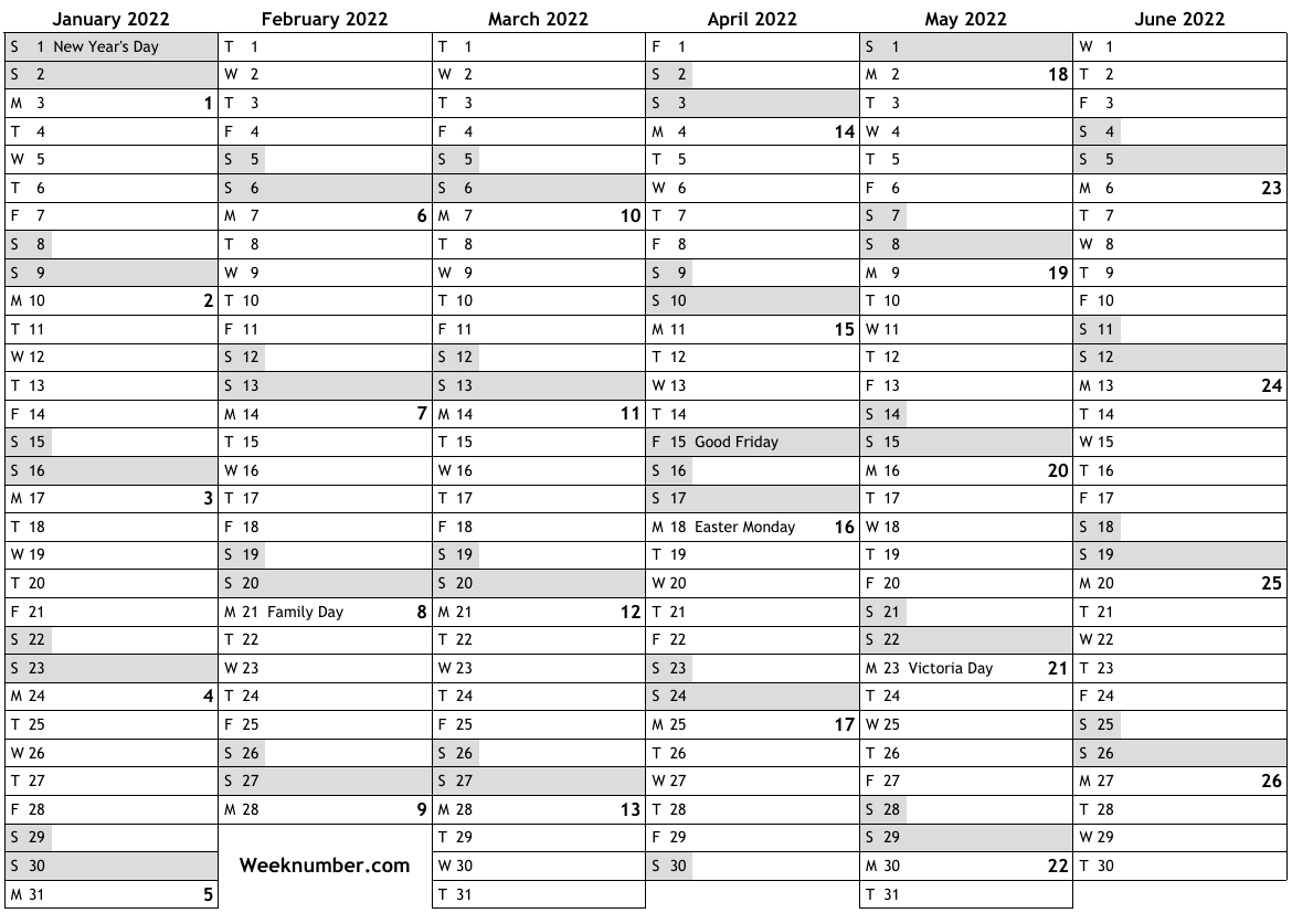 2022 Calendar With Week Numbers And Holidays For Canada