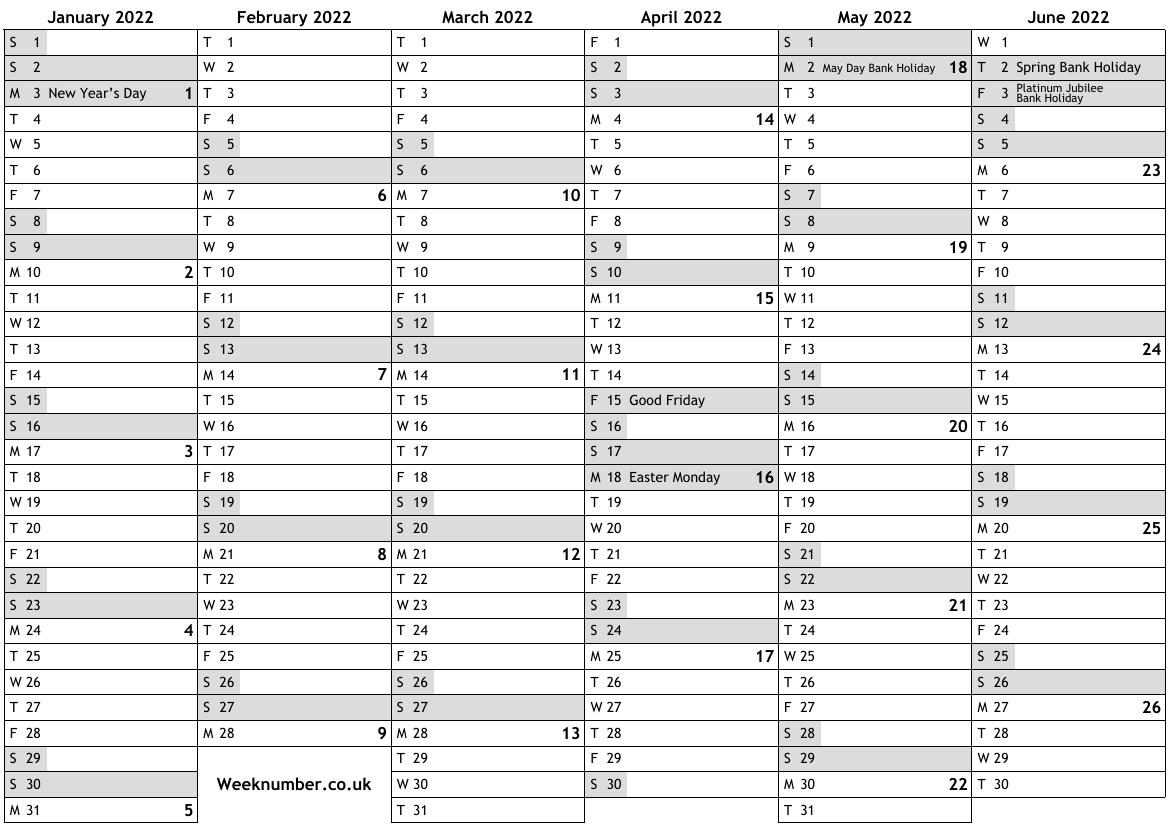 2022 Calendar With Week Numbers And Holidays For England