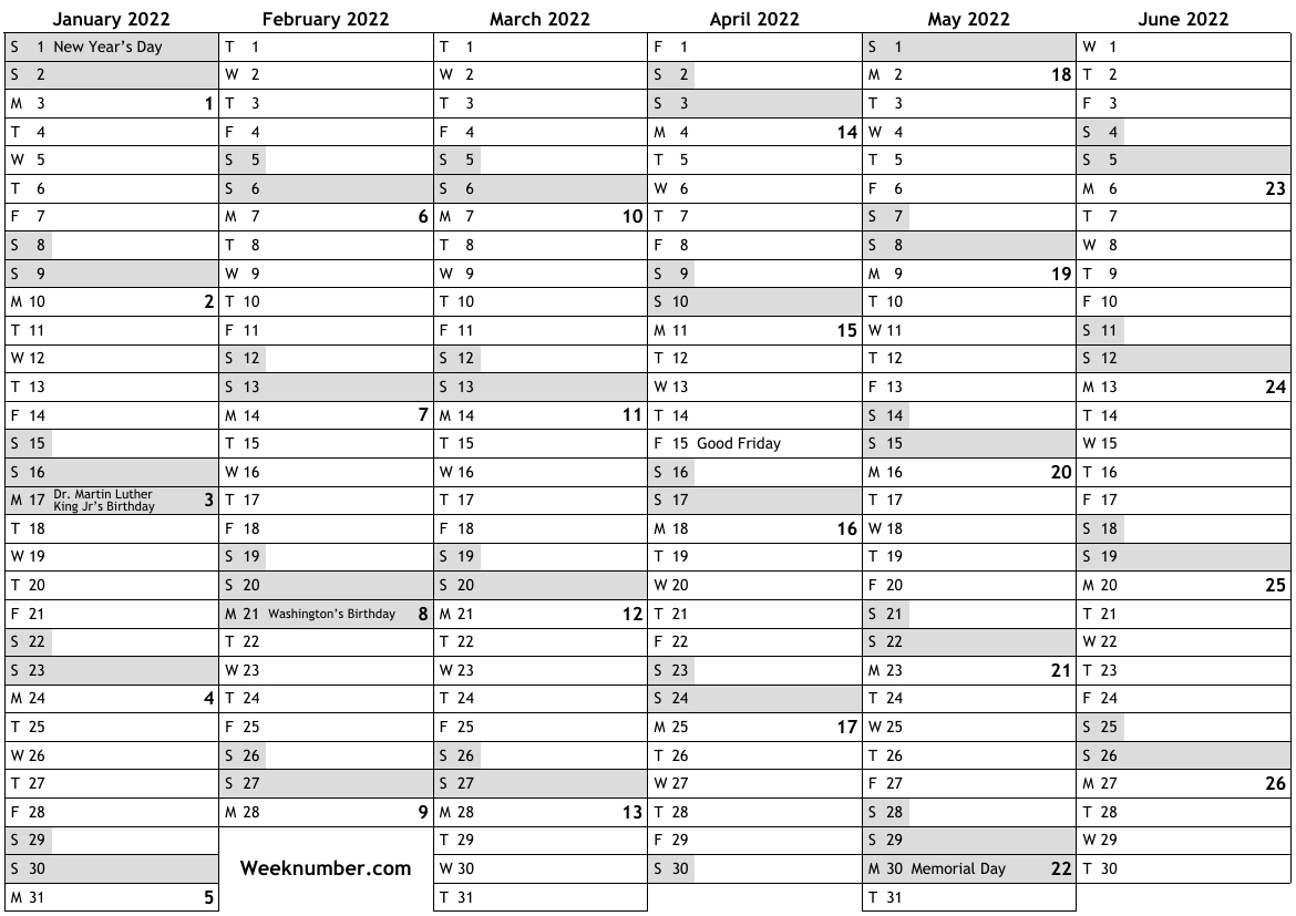 2022 Calendar With Week Numbers And Holidays For United