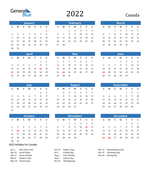 2022 Canada Calendar With Holidays
