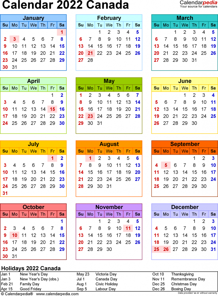 2022 Canadian Calendar Free Printable | 2021 Printable