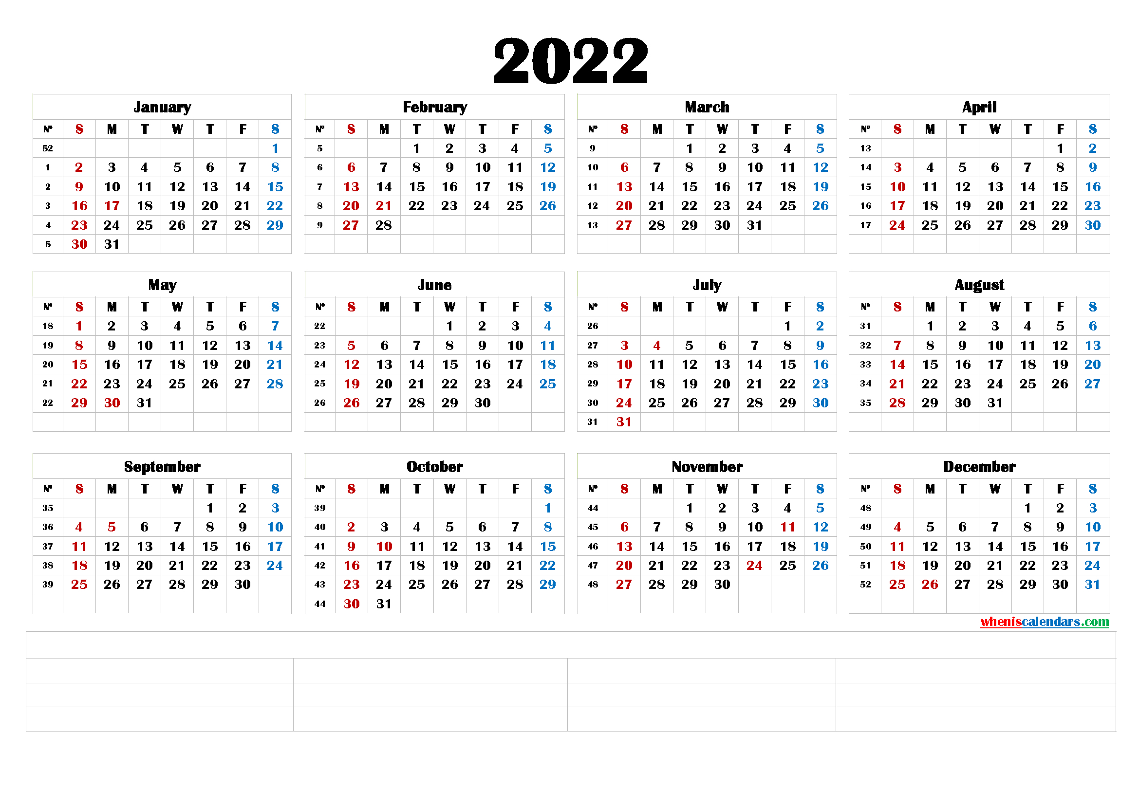 2022 Free Printable Yearly Calendar (6 Templates) - Free