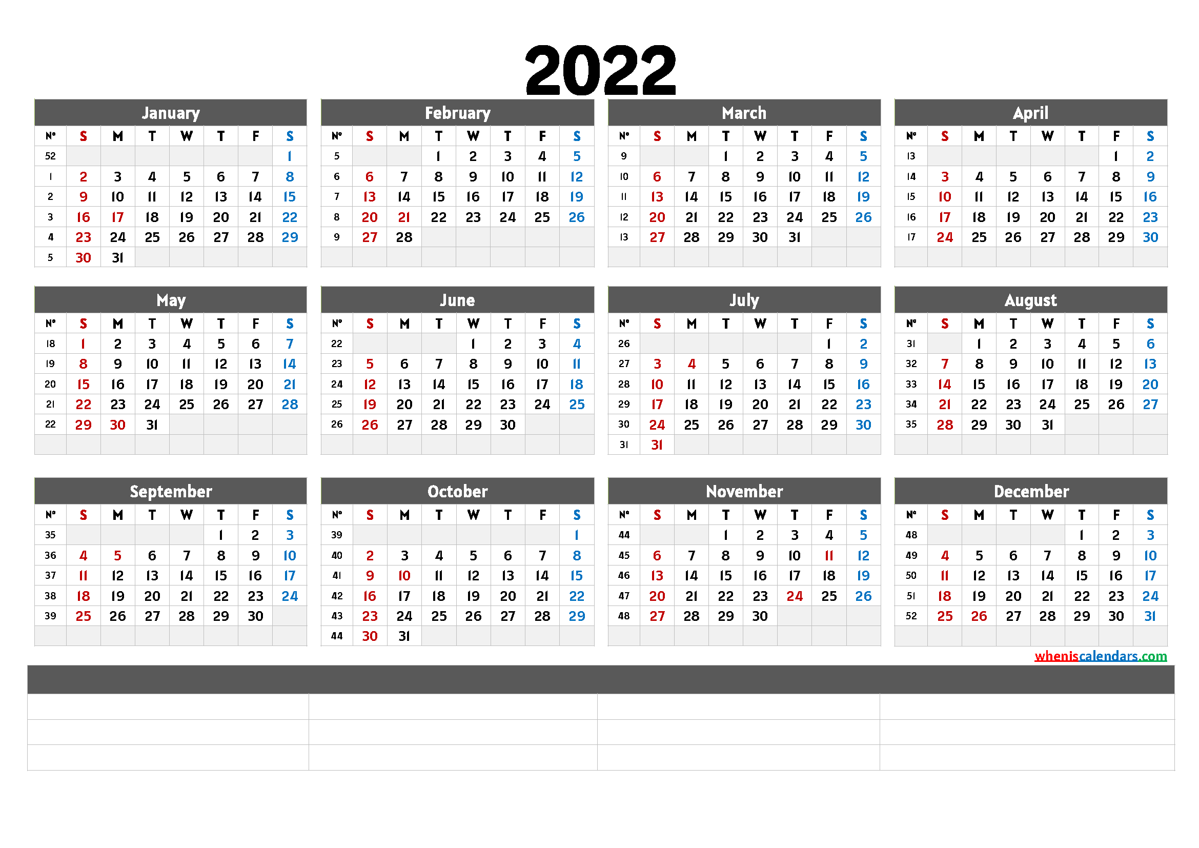 2022 Free Printable Yearly Calendar With Week Numbers