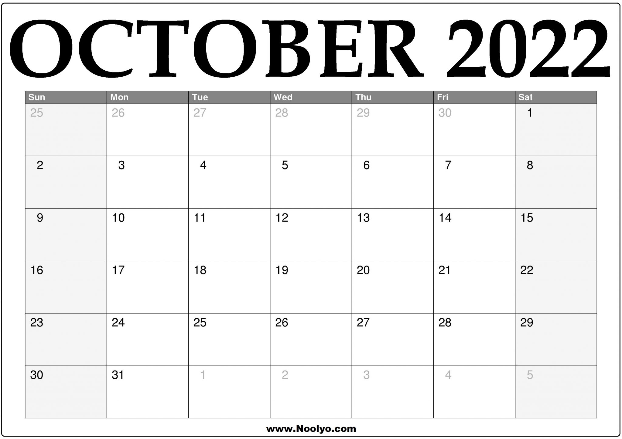 2022 October Calendar Printable - Download Free - Noolyo