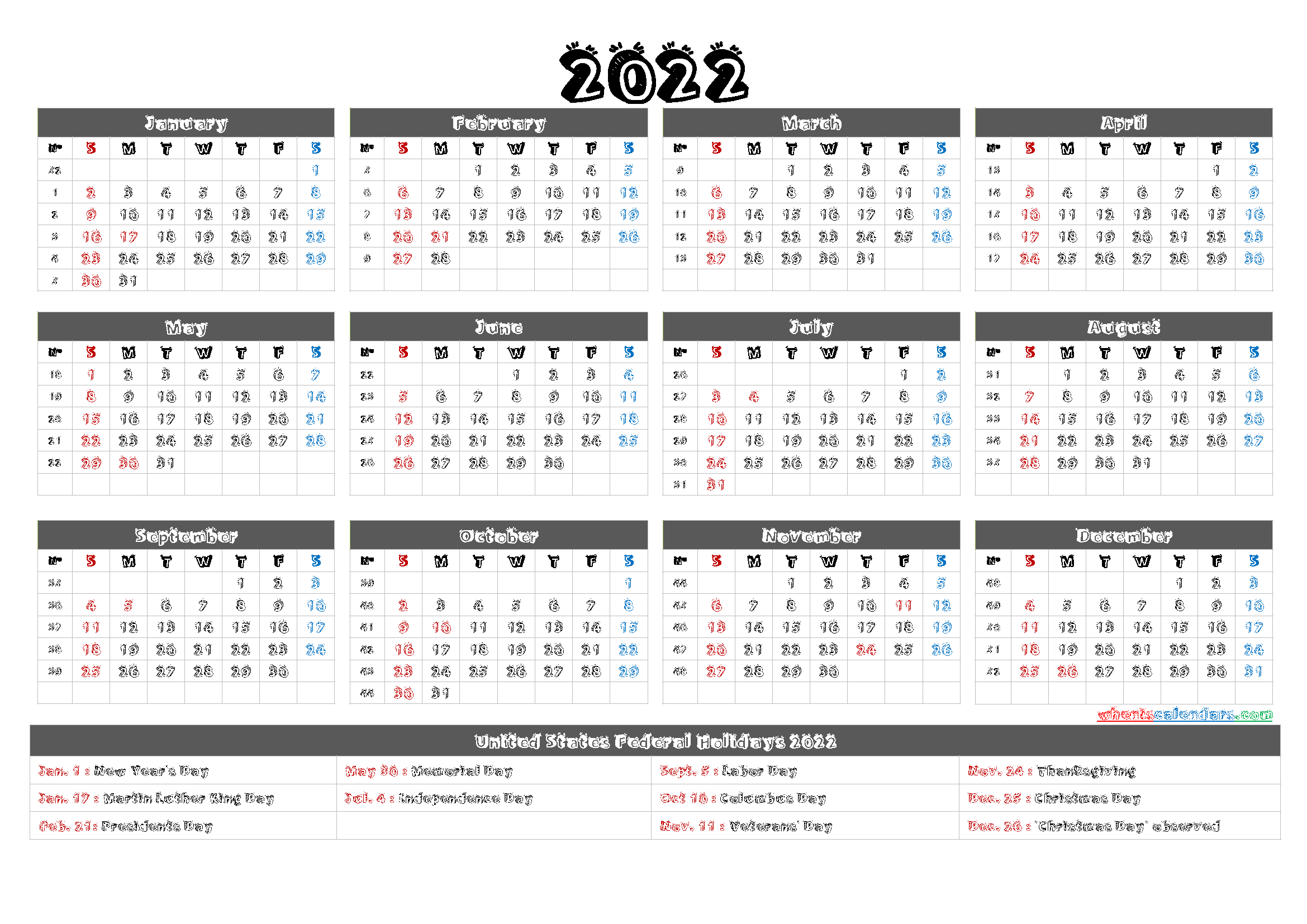 2022 One Page Calendar Printable - 6 Templates | Printable