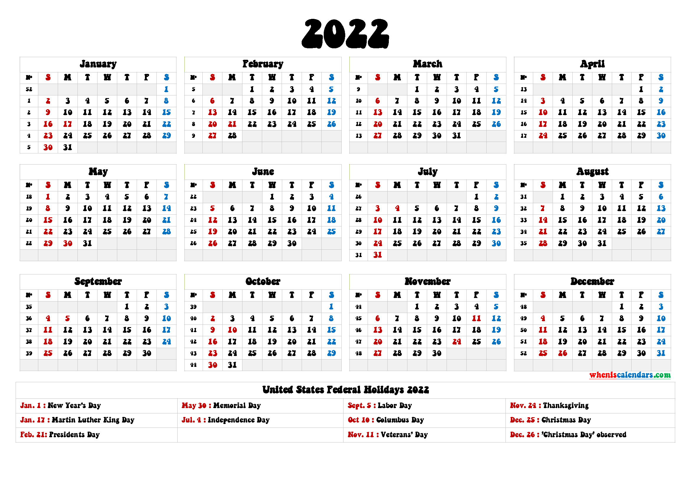 2022 One Page Calendar Printable - 9 Templates