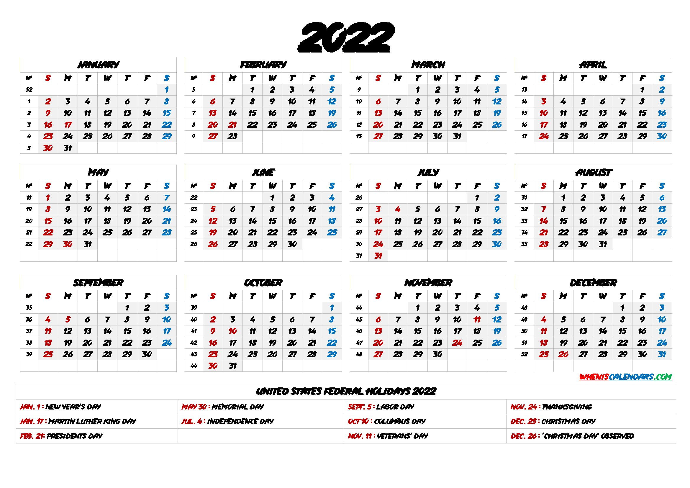 2022 Printable Calendar One Page With Holidays Uk - Heunos