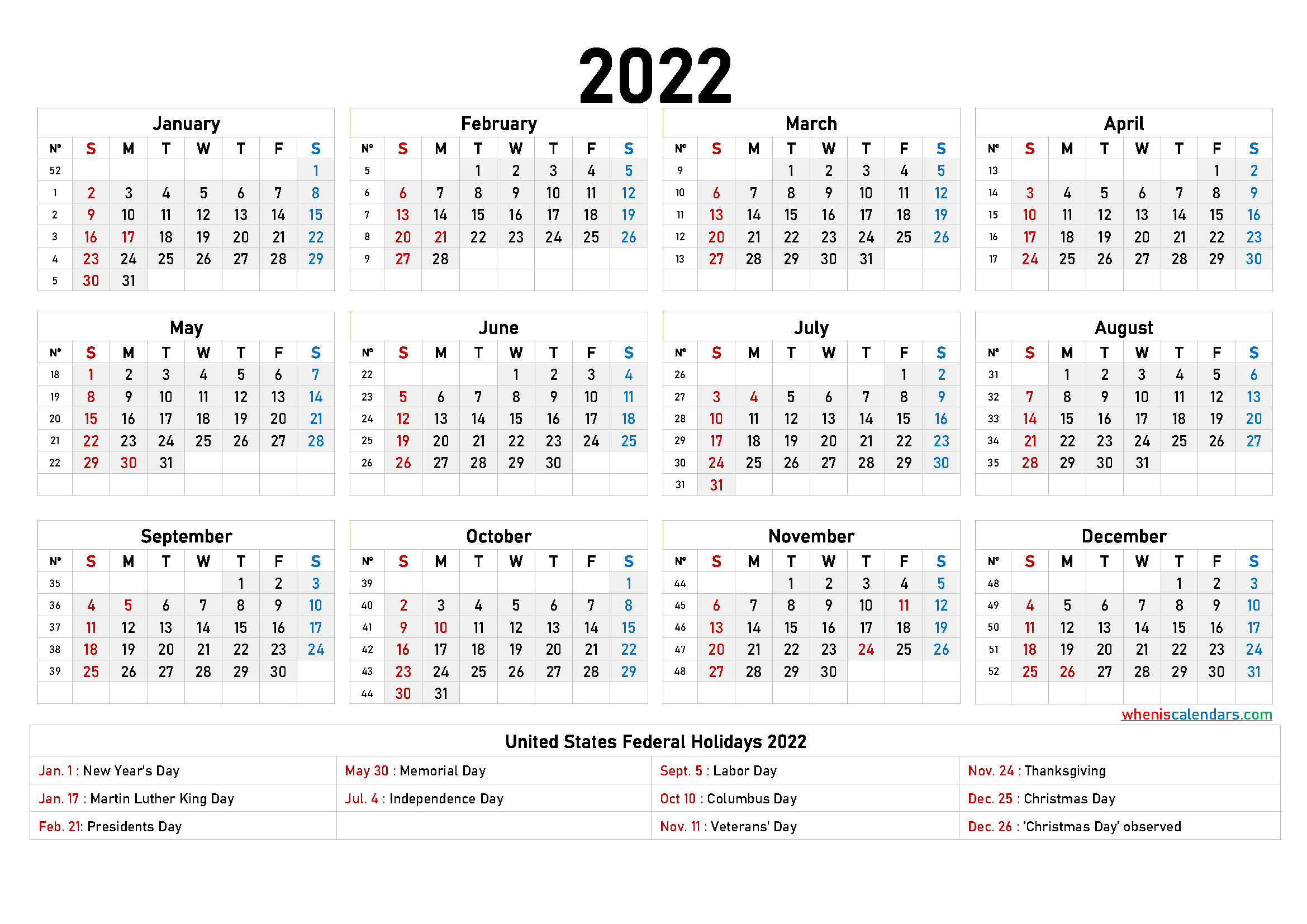 2022 Printable Yearly Calendar With Week Numbers 12 Templates
