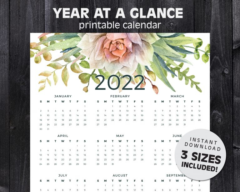 2022 Year At A Glance Calendar | Succulents &amp; Cactus