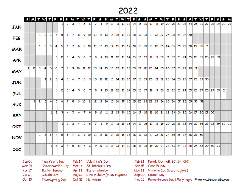 2022 Yearly Project Timeline Calendar Canada - Free