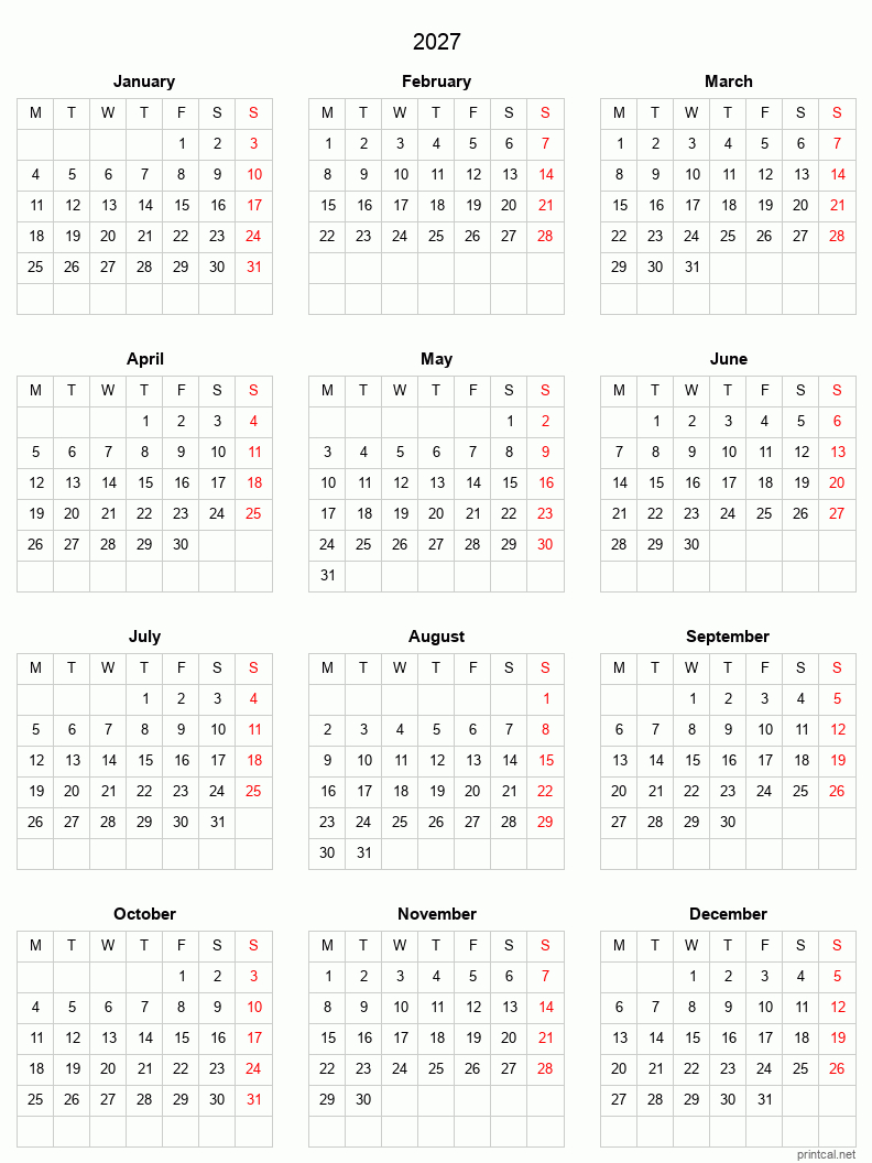 2027 Printable Calendar - Full-Year Calendar (Grid Style)