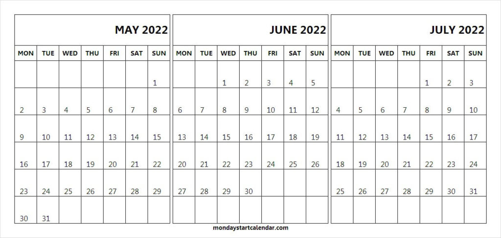 3 Month Calendar 2022 May June July - Print Template