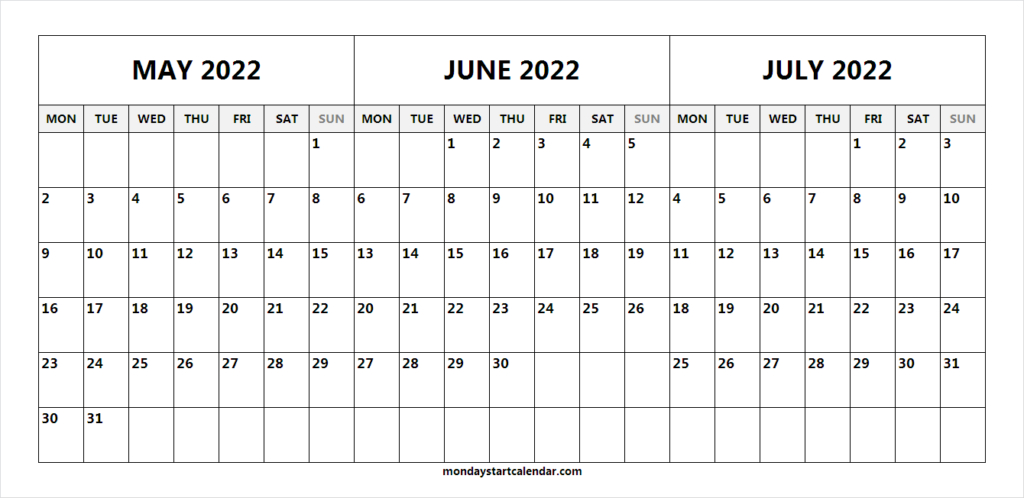 3 Month Calendar 2022 May June July - Print Template