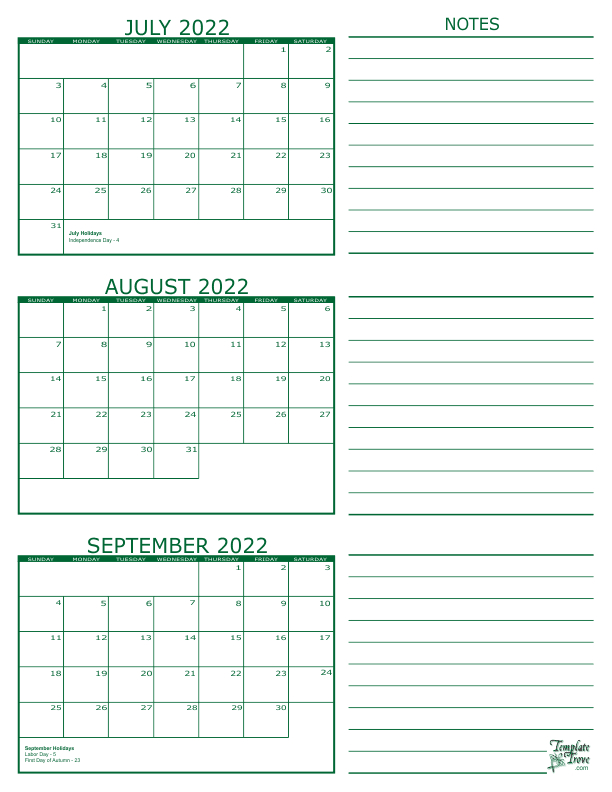 3 Month Calendar - 2022