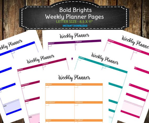 6 Bold Bright Printable Weekly Blank Planner Pages / Planning