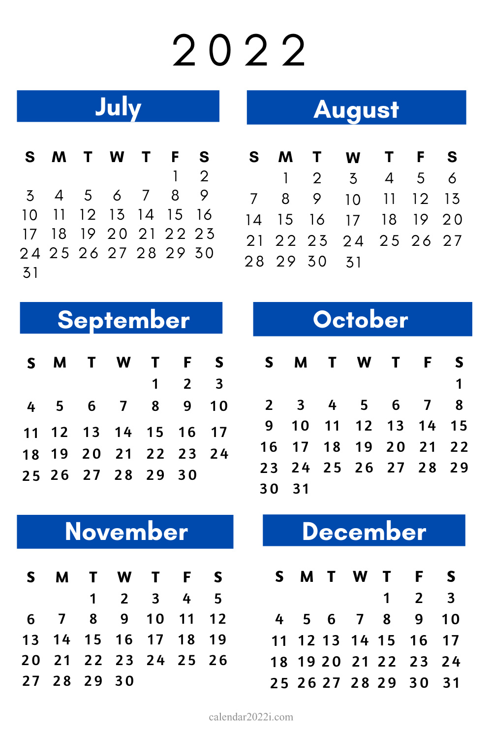 6 Months 2022 Half Year Calendar Printable - Calendar 2022