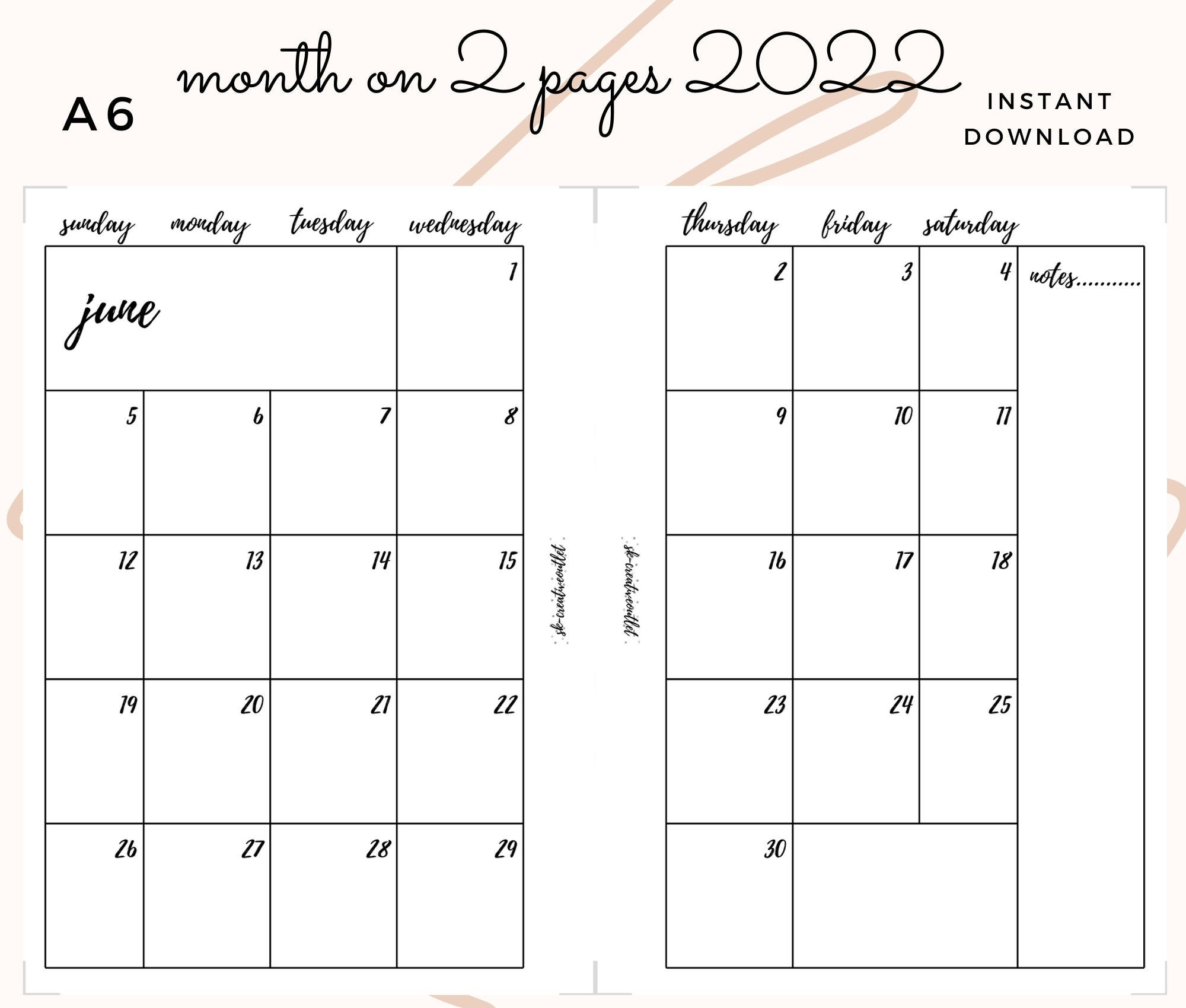 A6. Printable. Month On 2 Pages. 2022 Monthly Calendar. | Etsy