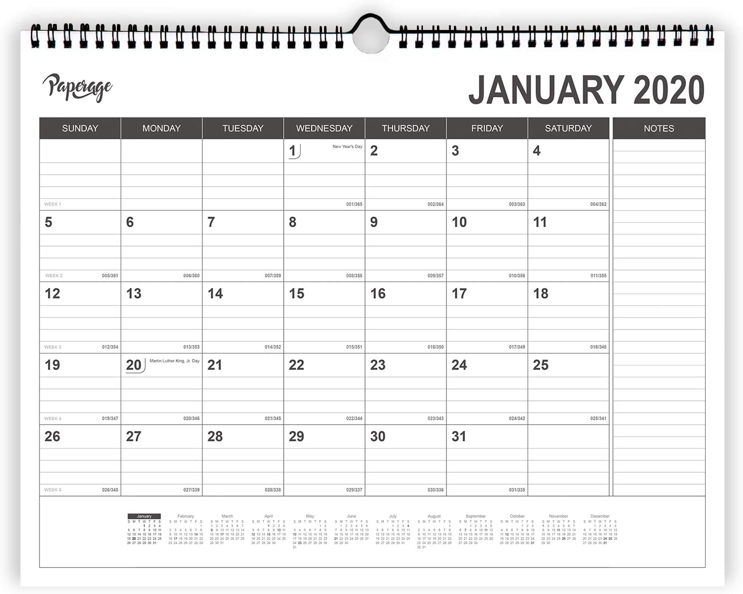 Amazon : Paperage Wall Calendar 2020 With Julian Date