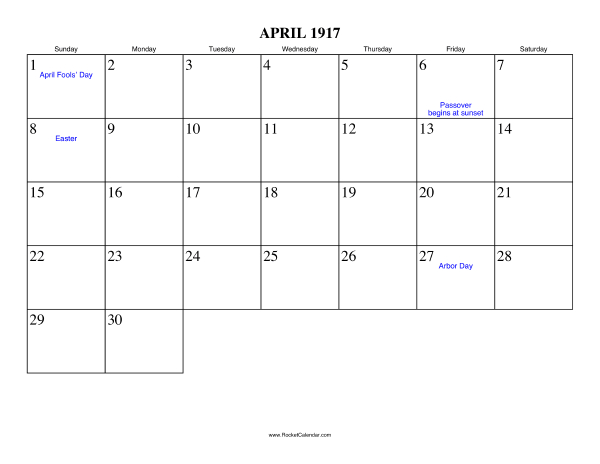 April 1917 Calendar