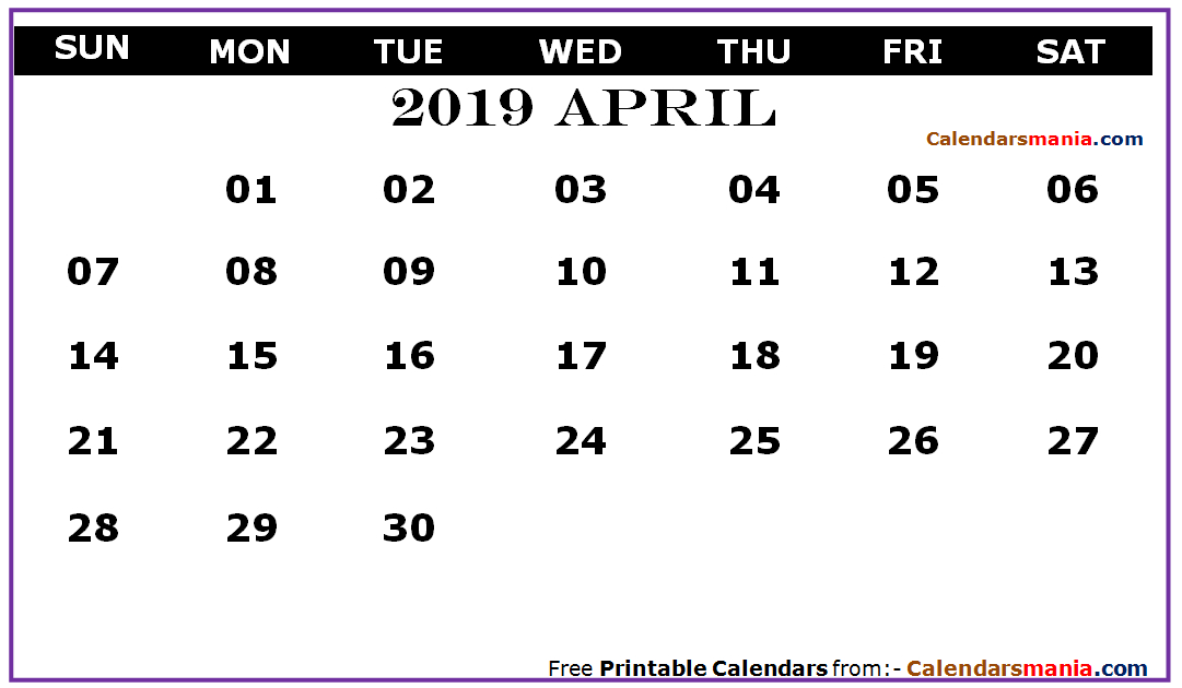 April 2019 Calendar Blank | Calendar Printables, 2018