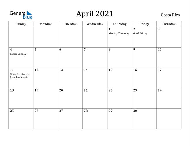 April 2021 Calendar - Costa Rica