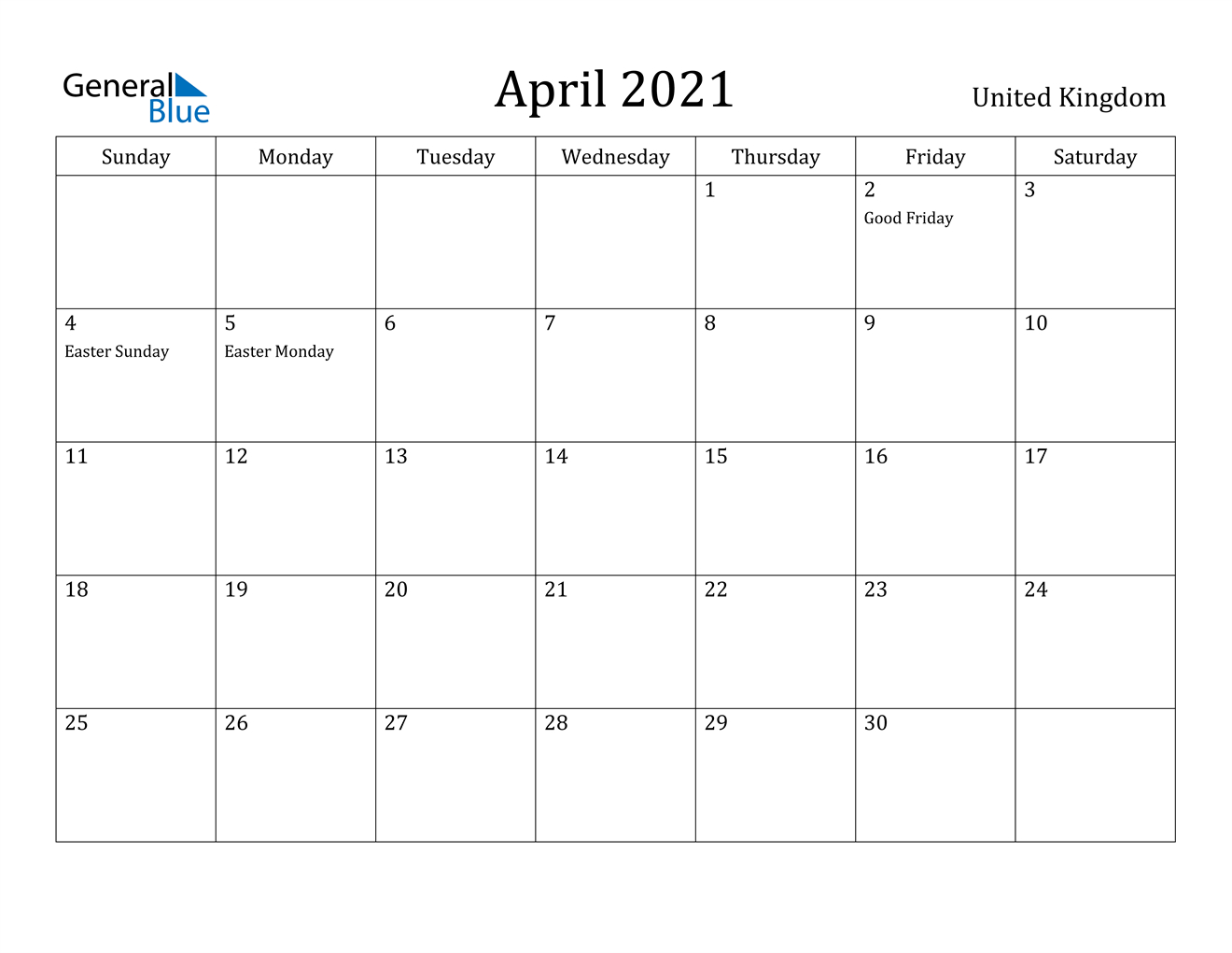April 2021 Calendar - United Kingdom