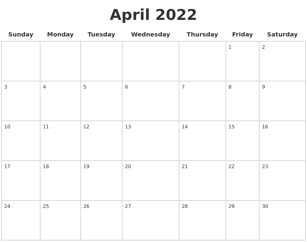 April 2022 Blank Calendar Pages
