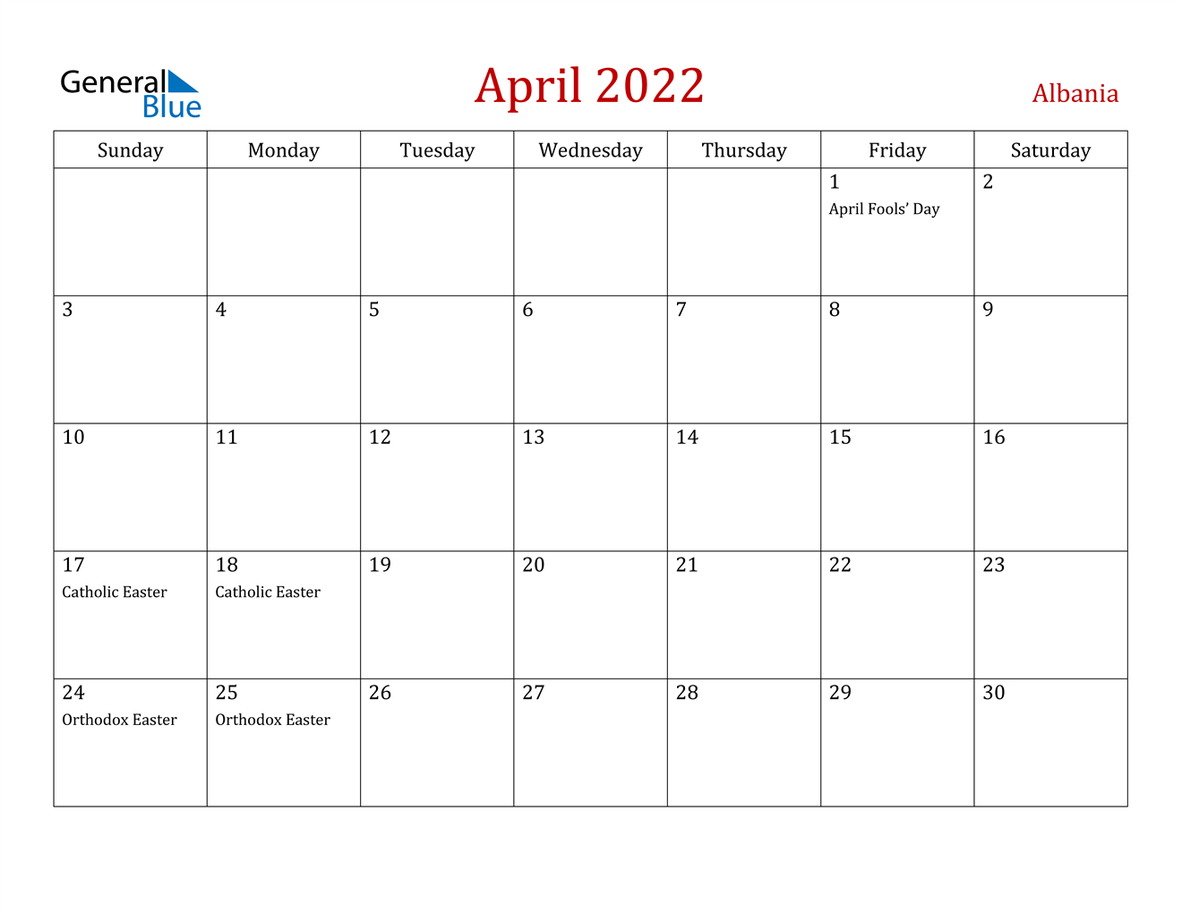 April 2022 Calendar - Albania