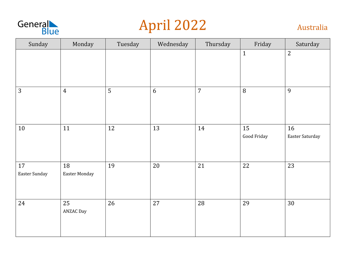 April 2022 Calendar - Australia