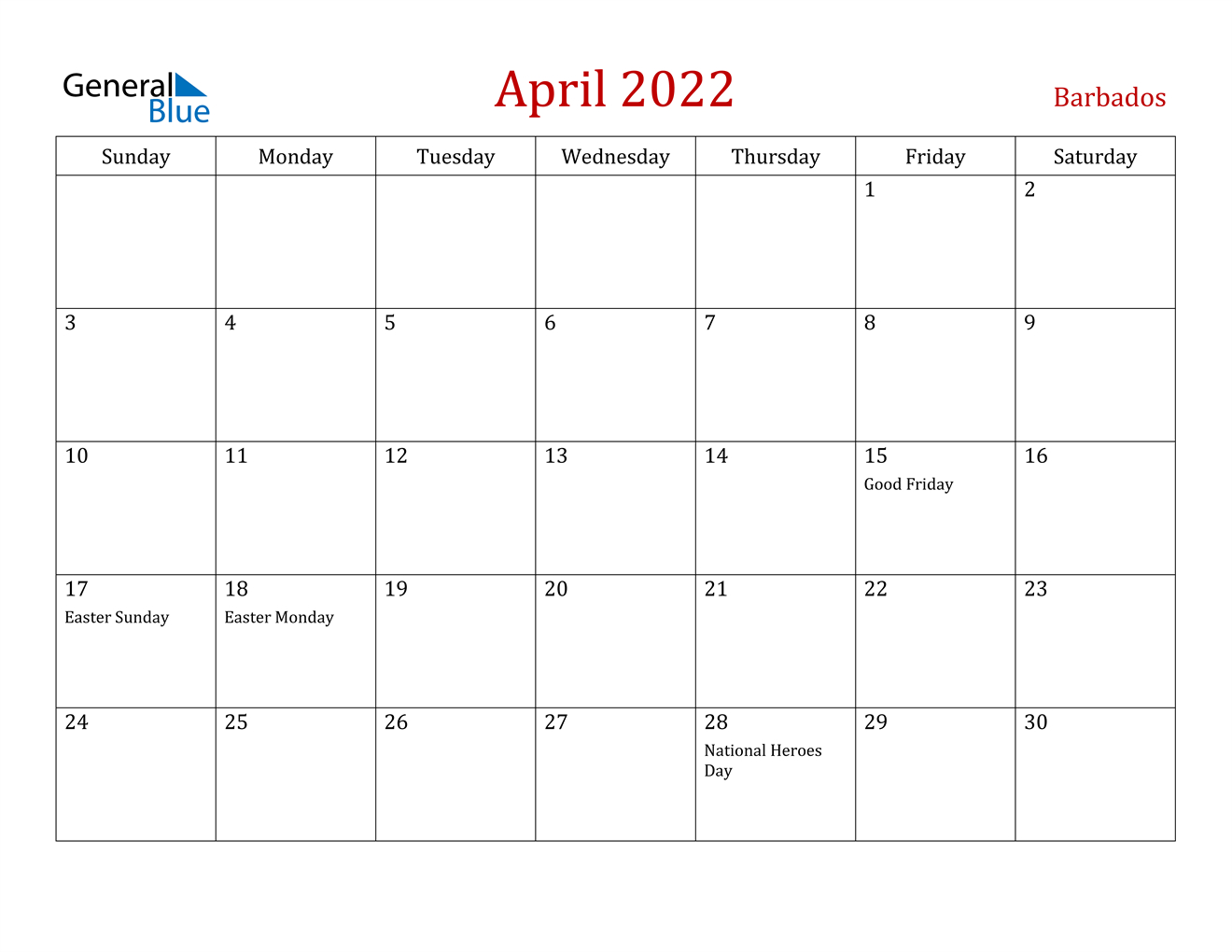 April 2022 Calendar - Barbados