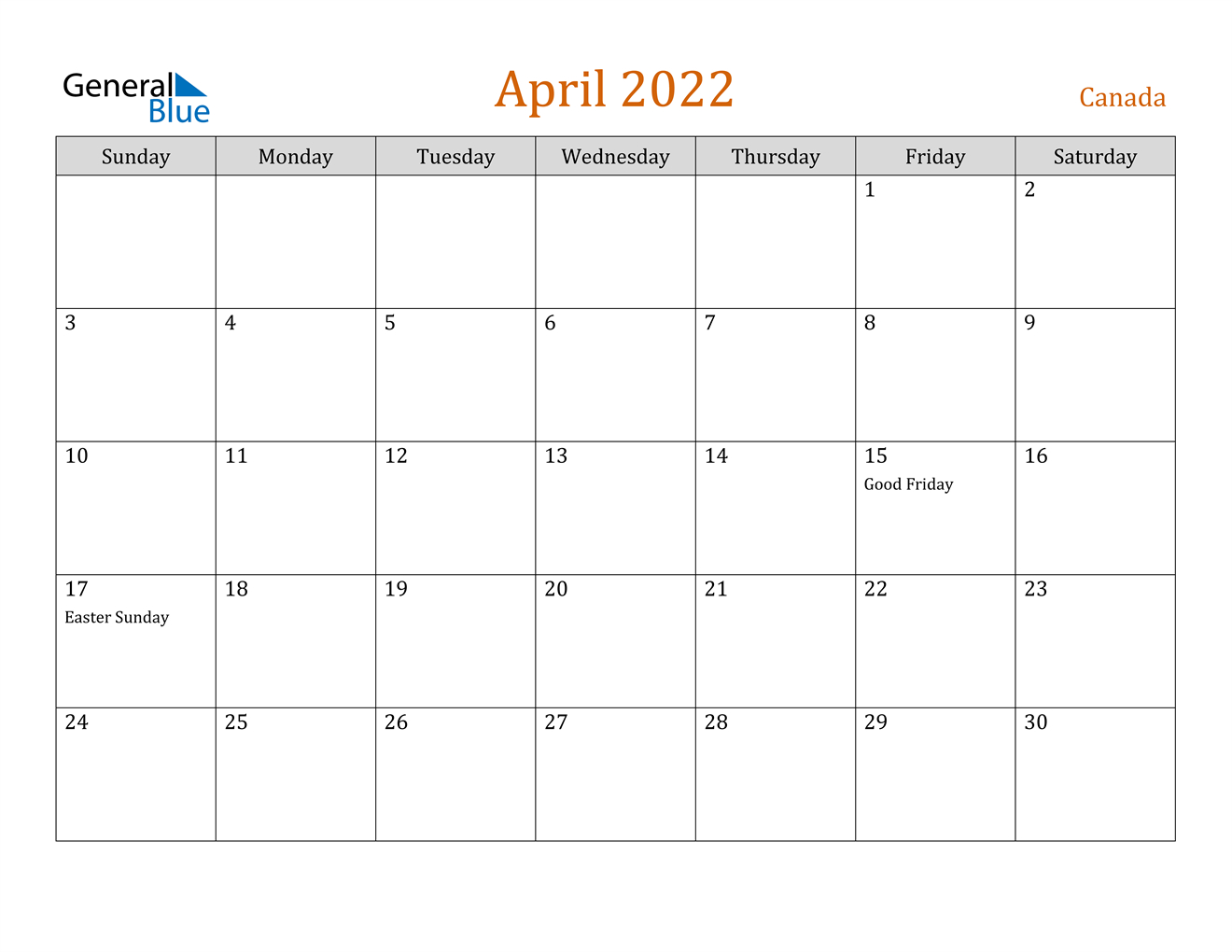 April 2022 Calendar - Canada