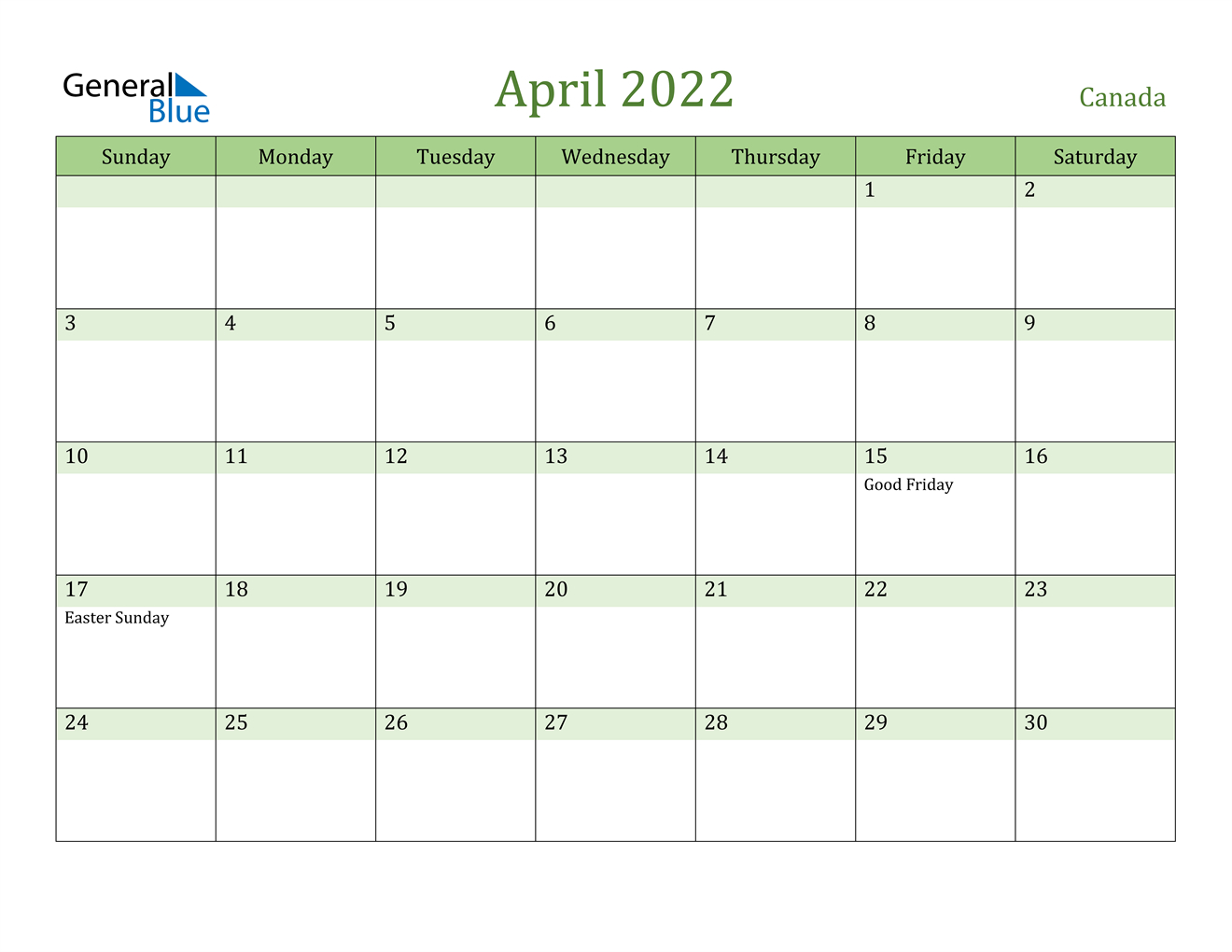 April 2022 Calendar - Canada