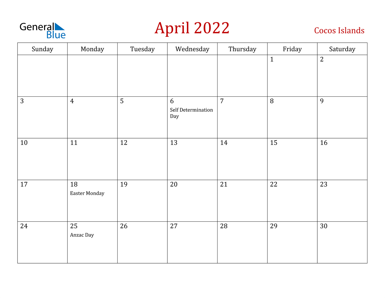 April 2022 Calendar - Cocos Islands