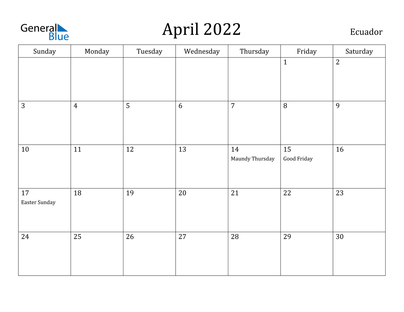 April 2022 Calendar - Ecuador