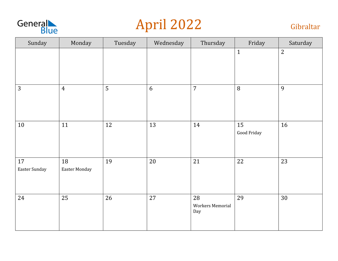 April 2022 Calendar - Gibraltar