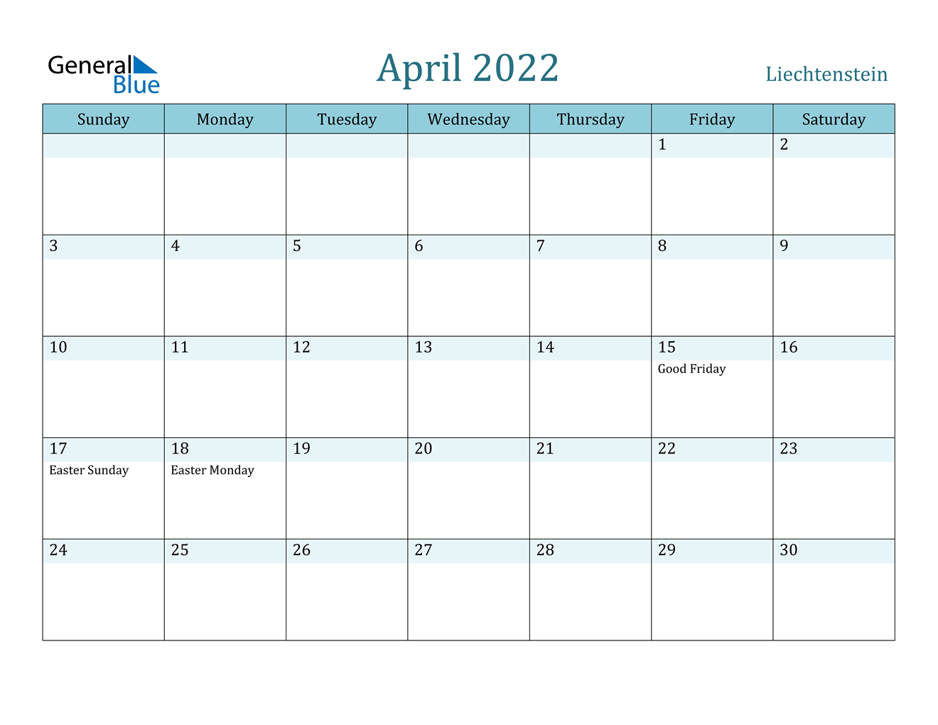April 2022 Calendar - Liechtenstein