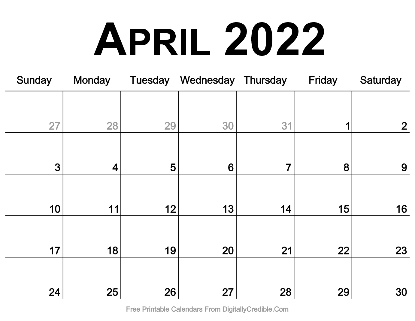 April 2022 Calendar Printable - Desk &amp; Wall