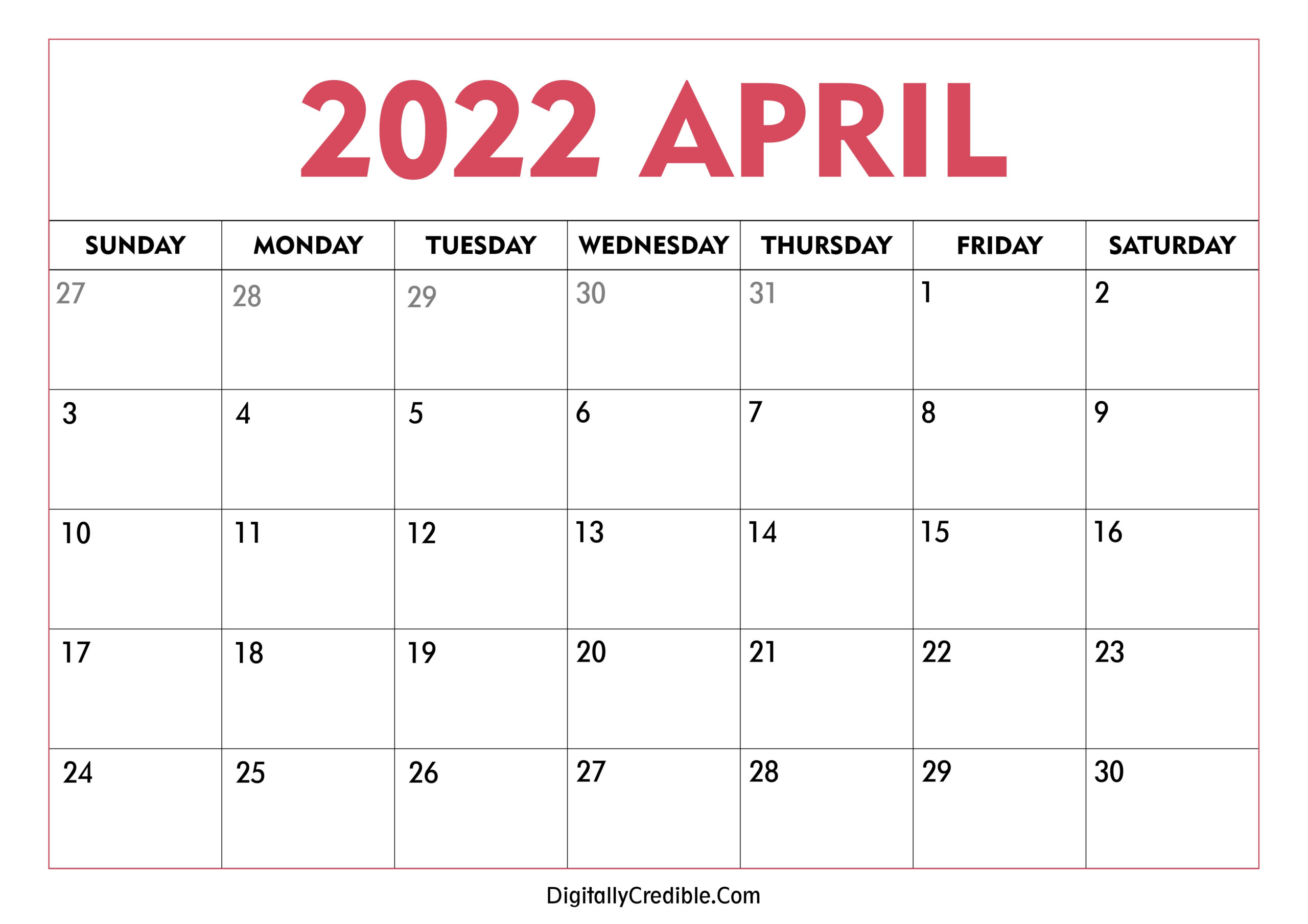 April 2022 Calendar Printable - Desk &amp; Wall