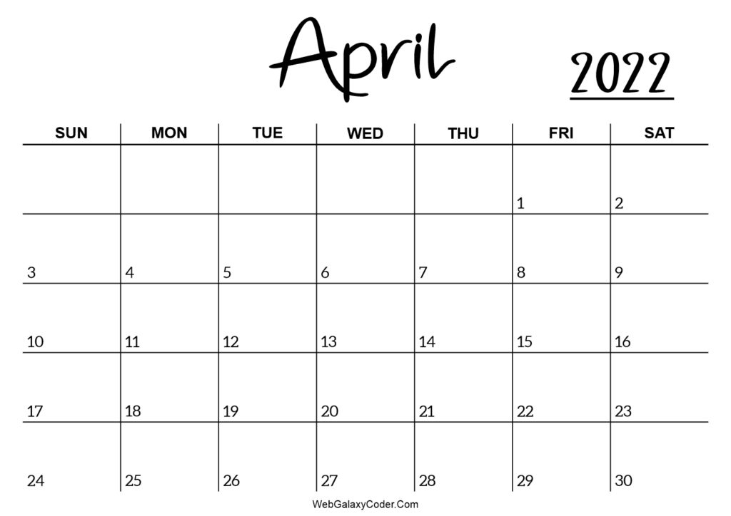 April 2022 Calendar- Printable Format - Print Now