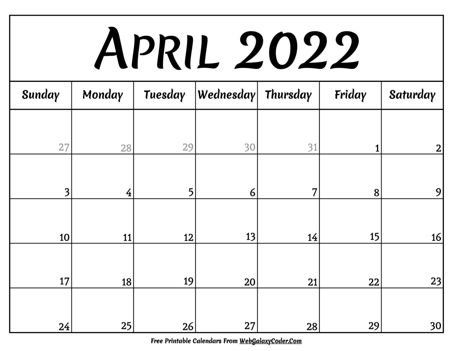April 2022 Calendar- Printable Format - Print Now