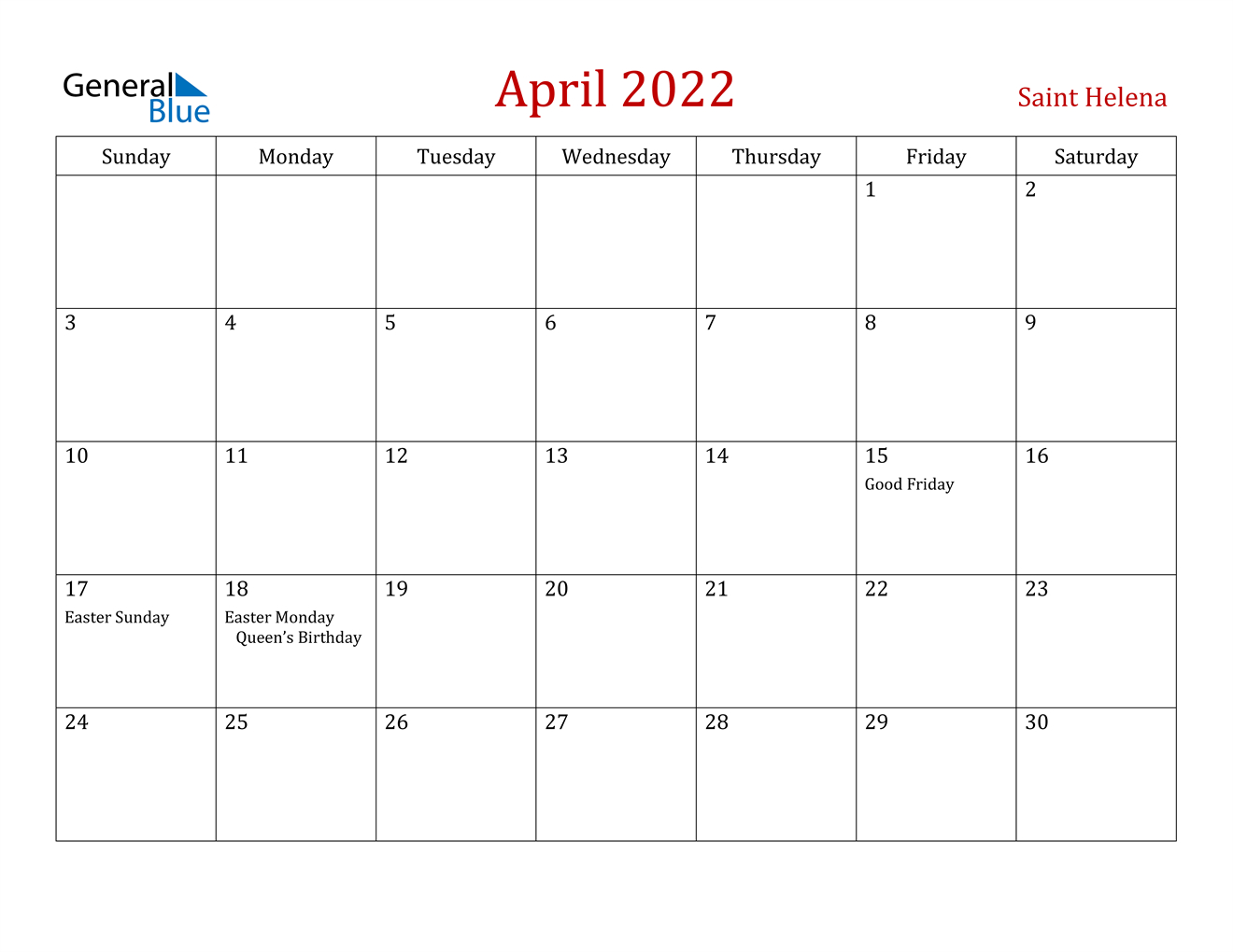 April 2022 Calendar - Saint Helena