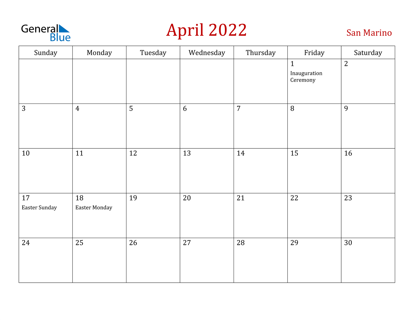April 2022 Calendar - San Marino