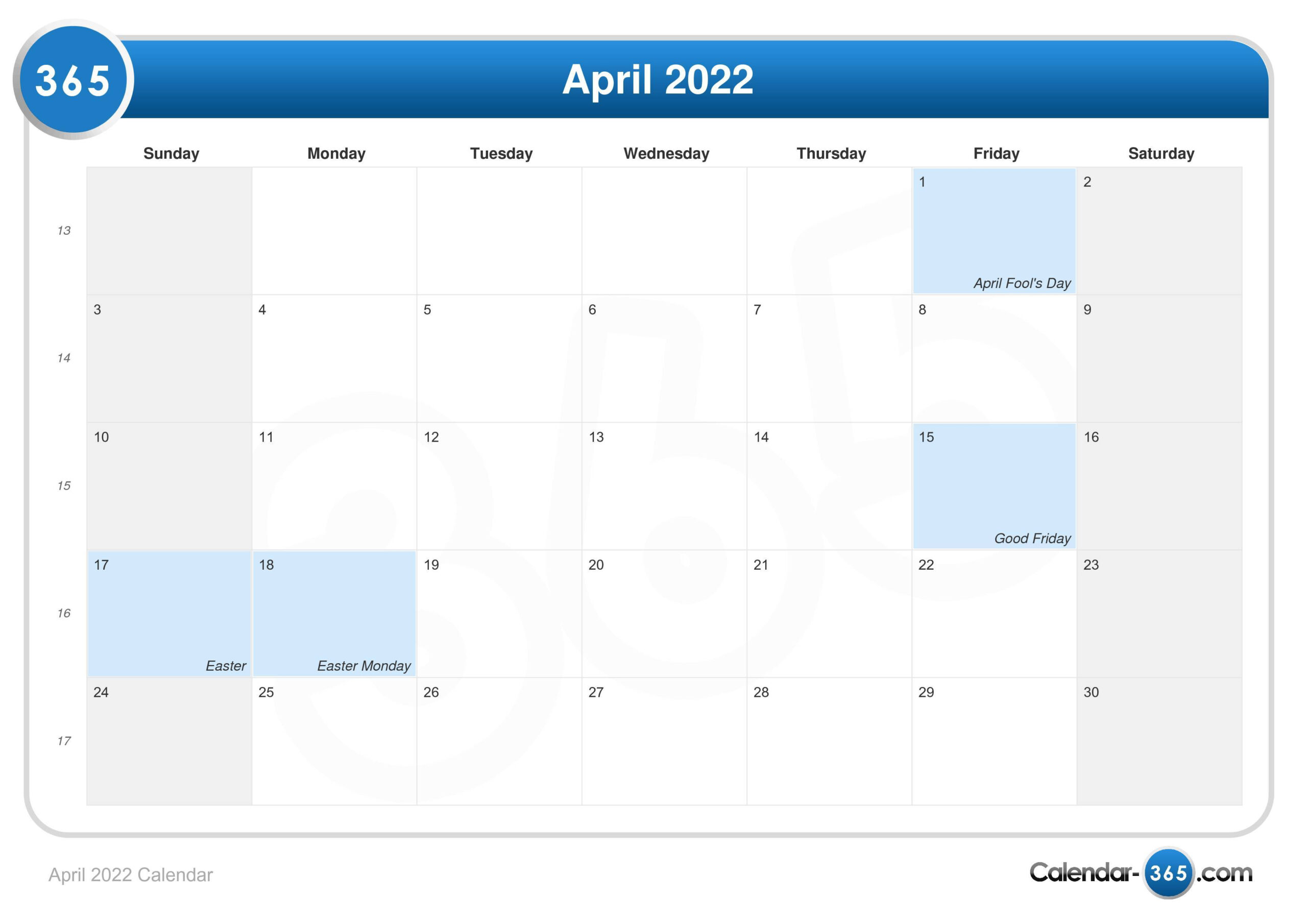 April 2022 Calendar