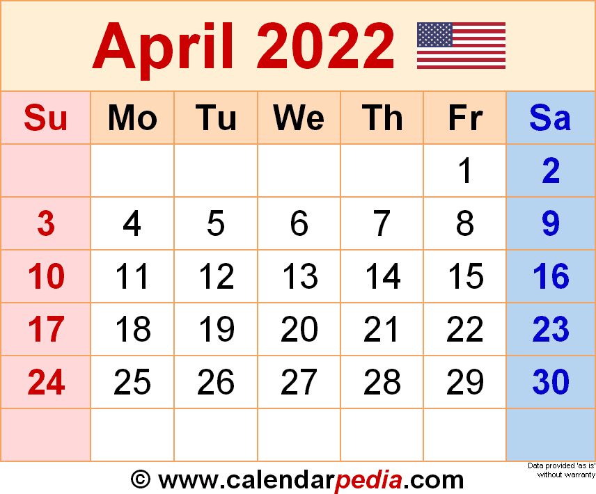 April 2022 Calendar | Templates For Word, Excel And Pdf