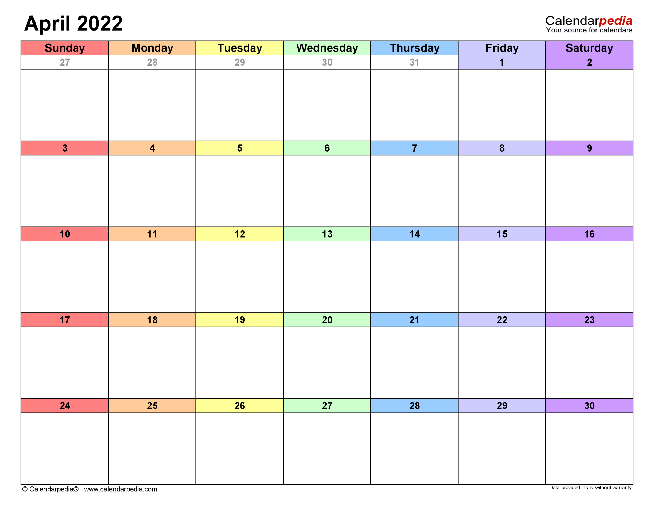 April 2022 Calendar | Templates For Word, Excel And Pdf