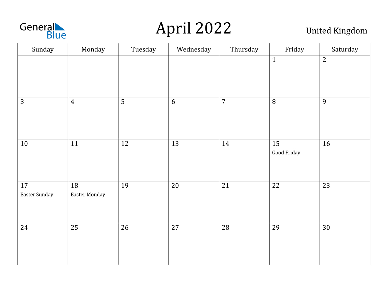 April 2022 Calendar - United Kingdom