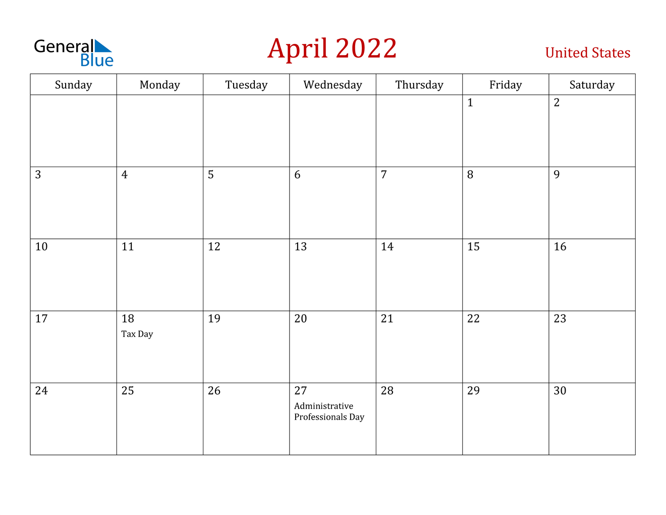 April 2022 Calendar - United States