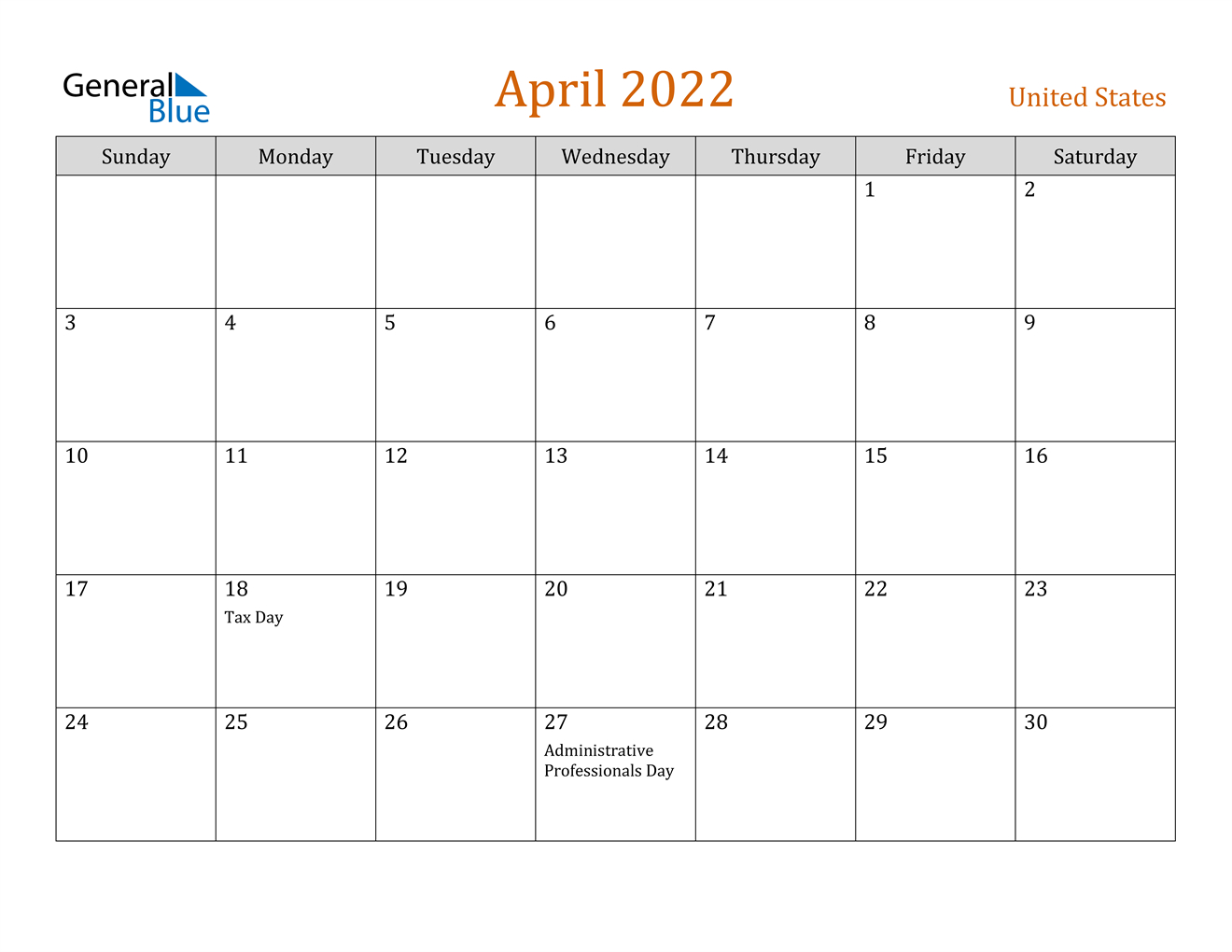 April 2022 Calendar - United States