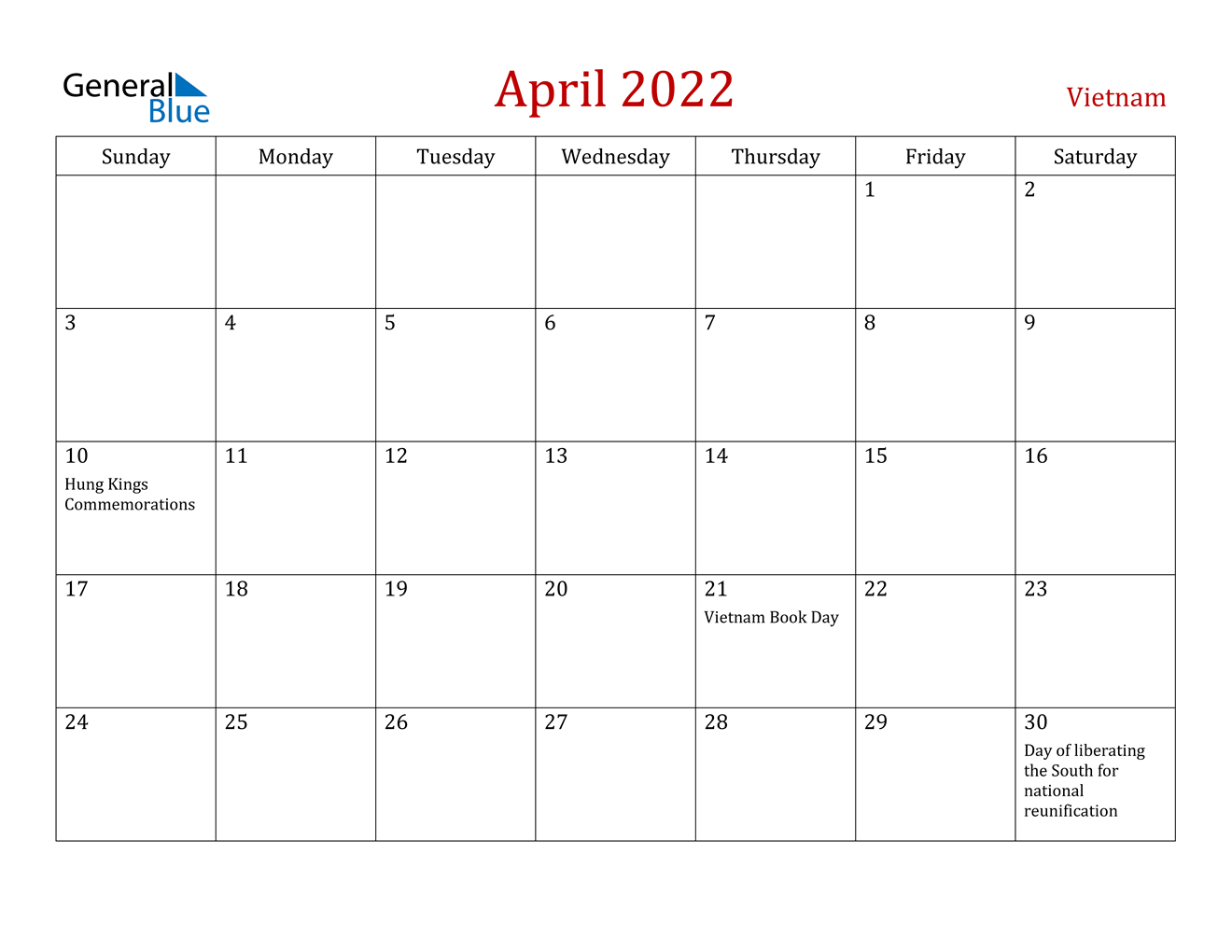 April 2022 Calendar - Vietnam